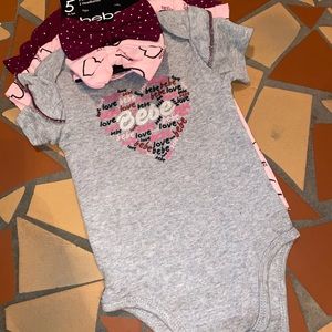 BEBE onesie gift set,NWT,3 onesies & 2 headbands,3 designs,Size 6-9 months